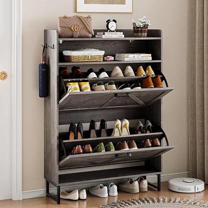 Shoe Cabinet with 2 Flip Drawers, 45" Freestanding Narrow Wood Shoe Storage Cabinet with Metal Legs and Hooks, Slim Shoe Rack Organizer for Entryway, Hallway, Grey