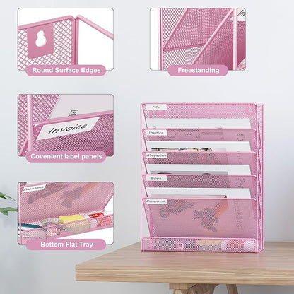 EasyPAG 5 Tier Wall File Holder, Mesh Hanging Folder Organizer with Classify Label, Versatile Desk File Holder, Vertical Wall Mounted Mail Organizer for Office Home Cubicle, Pink