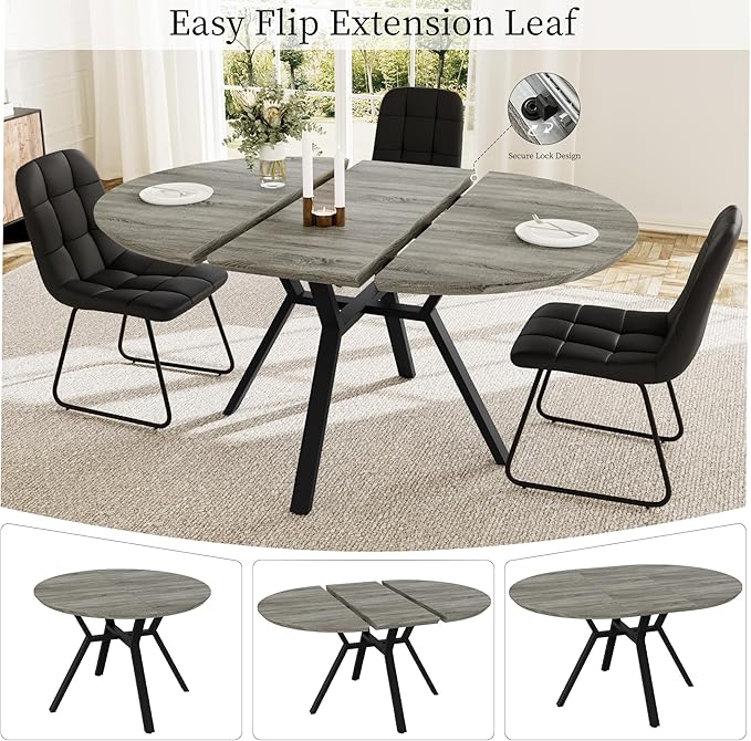 Extendable Round Dining Table Set for 6 People, 43.3"-59.1" Extendable Kitchen Table with 6 Upholstered Chairs, Space Saving for Kitchen Dining Room (Grey Table+6 U-Shaped Black Chairs)