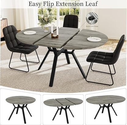 Extendable Round Dining Table Set for 4 People, 43.3"-59.1" Extendable Kitchen Table with 4 Upholstered Chairs, Space Saving for Kitchen Dining Room (Grey Table+4 U-Shaped Black Chairs)