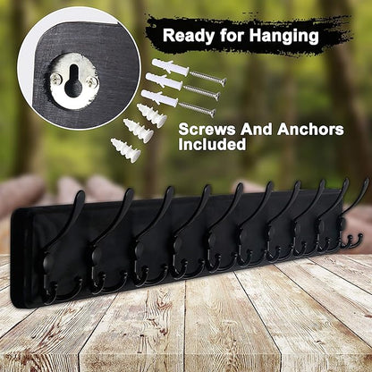 Dseap Coat Rack Wall - Heavy-Duty 38-1/4" Long, with Reinforced 10 Custom Tri-Hooks, Solid Wood Wall Hanger for Coats Hat Jackets - Rustic Farmhouse Entryway Hallway Storage, Black