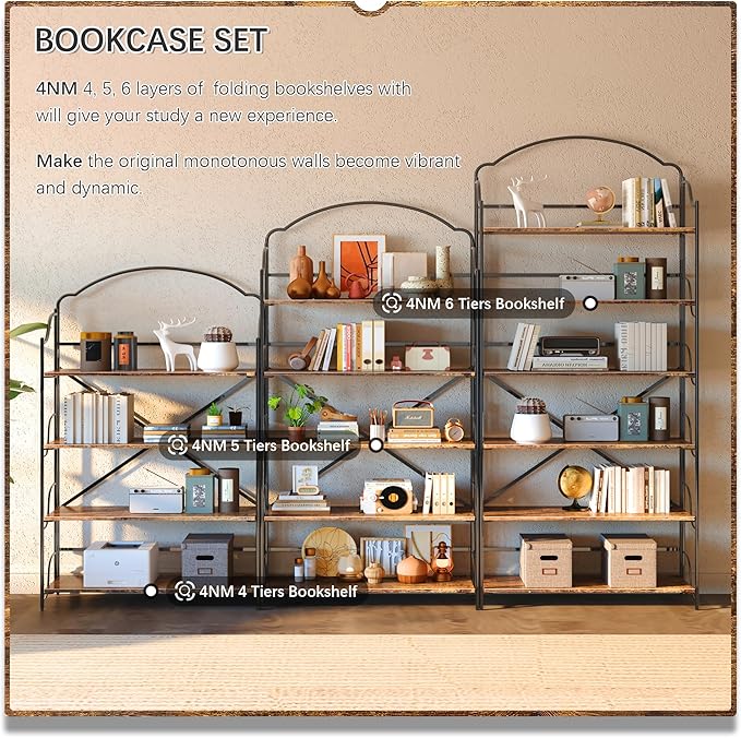 4NM No Assembly Extra Wide Folding Bookshelf for Living Room, 6 Tiers Collapsible Book Shelves Open Industrial Foldable Bookcase Storage Shelf for Home Office - Rustic Brown Black
