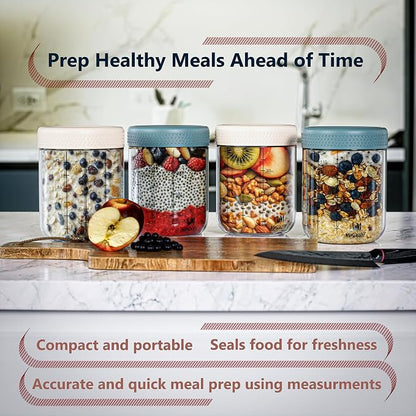 Overnight oats containers with lids, Yogurt jars, Chia seed pudding jars, Glass meal prep containers, 16 oz mason jars with airtight lids (4 Pack, Lavish Blue & Soft Pink)