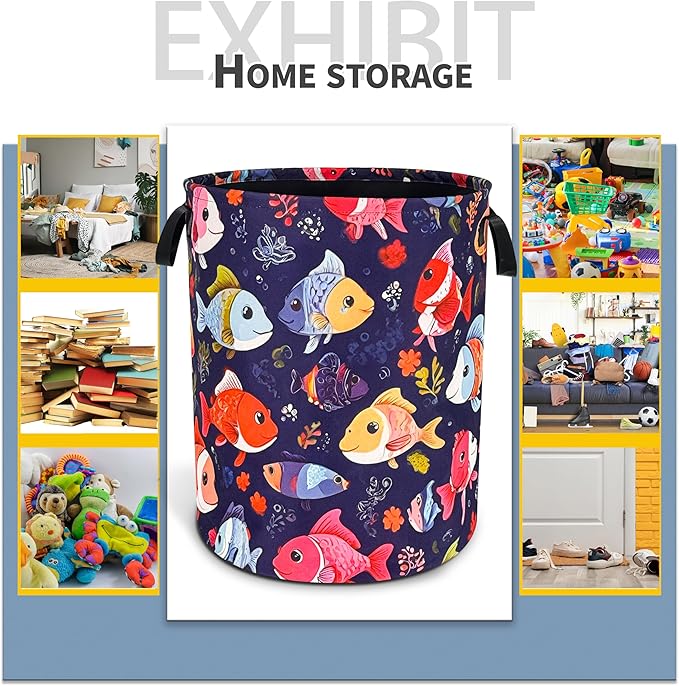 NUTAINLA Fish Laundry Basket Funny Cartoon Foldable Oxford Cloth Tote Bag Laundry Hamper Clothes Storage Bucket Toy Organizer For Bathroom/Laundry Storage/Bedroom 18.9x16.5 Inch