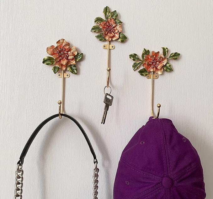 Vintage Flower Shaped Decorative Wall Hooks Rack Hangers for Hanging Clothes Coats Towels Keys Hats, 3 Pack Antique Metal Mounted Wall Hook