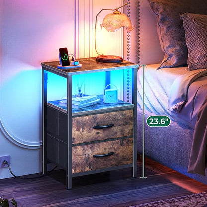 Huuger Night Stand with Charger Station and LED Lights, 2 Drawer Nightstand, Bed Side Table with Open Shelf, End Table, Fabric Dresser for Bedroom, Rustic Brown