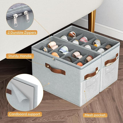 Budding Joy 2 Pack Shoe Organizer for Closet, Clear Foldable Shoe Storage Containers Adjustable Dividers Fits 16 Pairs,Shoe Storage Bins Baskets Boxes with Reinforced Handles Light grey