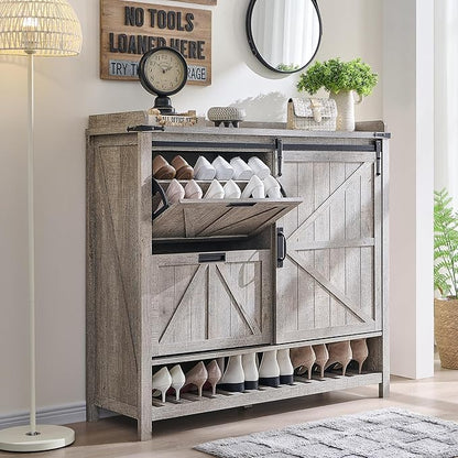 OKD Shoe Storage Cabinet with 2 Flip Drawers & Sliding Door, Farmhouse Entryway Shoe Organizer, Freestanding Rustic Hidden Shoe Rack Cabinet for Entryway, Light Rustic Oak