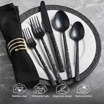 KINGSTONE 60 Pcs Black Hammered Silverware Set for 12, 18/10 Stainless Steel Heavy Duty Flatware Set, Tableware Cutlery Utensil Sets for Home Restaurant Dishwasher Safe
