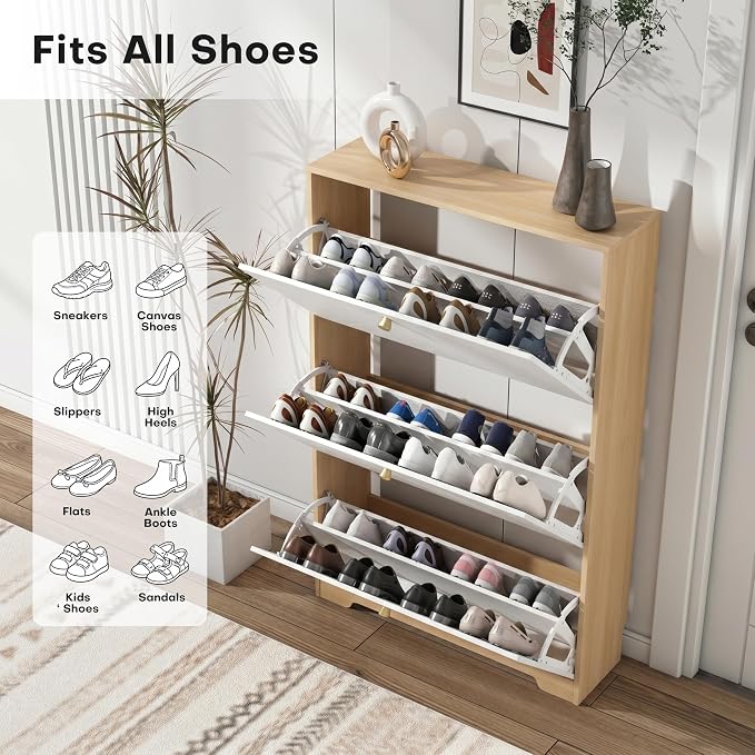 Nicetree Shoe Cabinet with 3 Flip Drawers，Freestanding Shoe Storage Cabinet, Narrow Shoe Organizer Cabinet, Farmhouse Slim Shoe Rack Cabinet for Entryway, Natural Oak and White with Hook