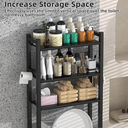 Livilord 3 Tier Over The Toilet Storage Rack with Toilet Paper Holder, Metal Freestanding Bathroom Shelves with 4 Hooks, Over Toilet Storage Shelf for Bathroom Storage, Black