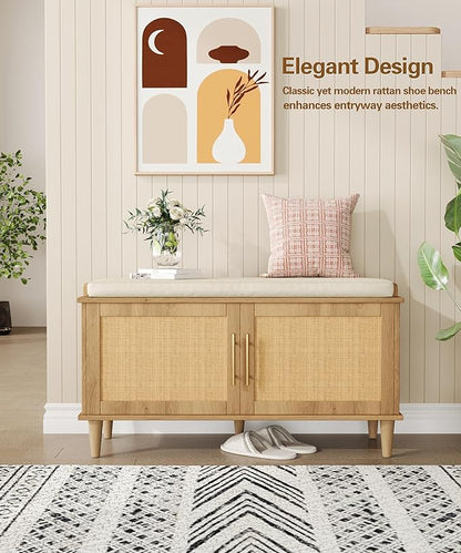Rattan Shoe Storage Bench with Cushion, 2-Tier Entryway Bench with Adjustable Shelves and 2 Doors, 15" D x 39.4" W x 20" H, Solid Wood Legs, for Hallway, Living Room, Bedroom, Natural Oak
