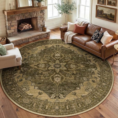 RELEANY Area Rugs Round 8ft Washable Non-Slip, Floral Vintage Distress Medallion Carpet for Living Room Bedroom Dining Room, Brown Dark Brown