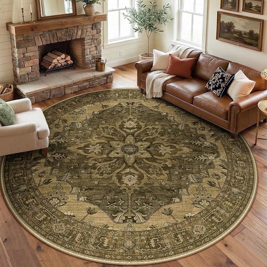 RELEANY Area Rugs Round 8ft Washable Non-Slip, Floral Vintage Distress Medallion Carpet for Living Room Bedroom Dining Room, Brown Dark Brown