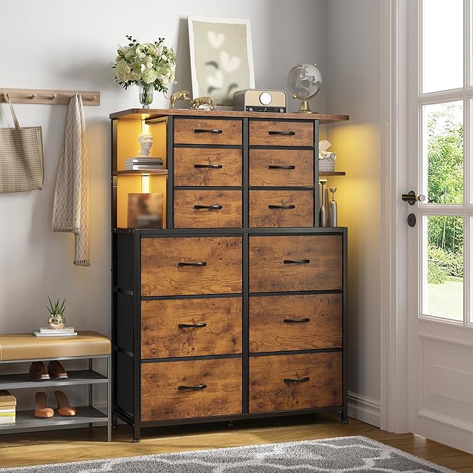 EnHomee Dresser with 12 Drawers & LED Lights, Dresser for Bedroom with 4 Open Storage Shelves, Fabric Dressers & Chests of Drawers, Metal Frame, Wood Top,45.2" H x 35.4" W x 11.8" D, Rustic Brown