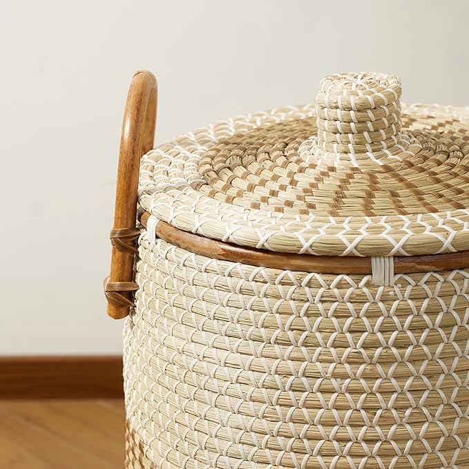 Laundry Baskets Hamper with Handles and Lid,2-Pack Handwoven Natural Seagrass Storage Hamper with Removable Laundry Bag, Toy Clothes Hamper for Home Bedroom, Bathroom, Laundry Room