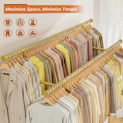 Clothes Rack, Clothing Racks for hanging clothes, Rolling clothes rack with Storage Basket & Heavy Duty Wheels, Double rods clothing rack for Bedroom, Laundry Room, Gold