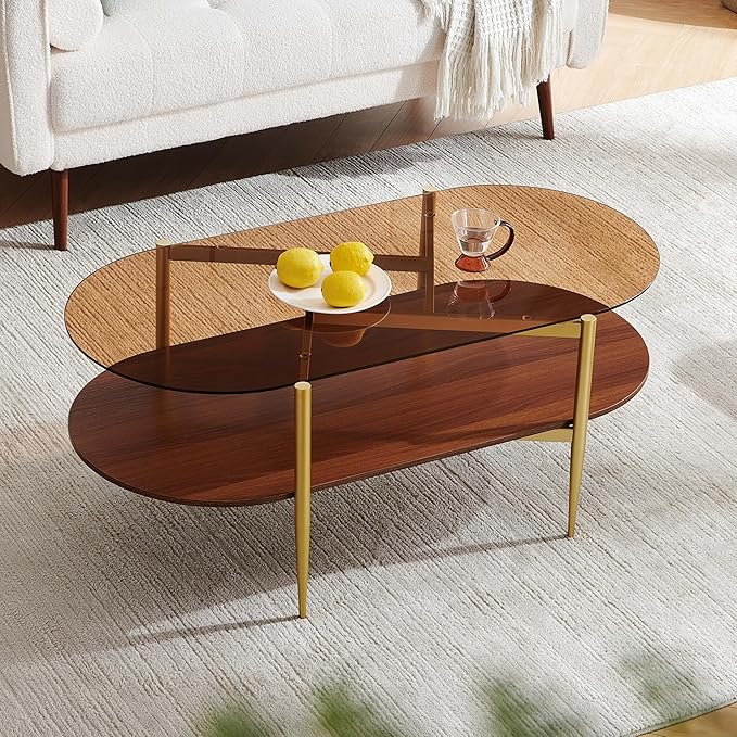 Oval Glass Coffee Table, Mid-Century Modern Design, L42*W22*H17 inch, for Living Room, Amber Glass Top and Walnut Finish Wood Shelf, Conical Metal Legs with Gold Finish