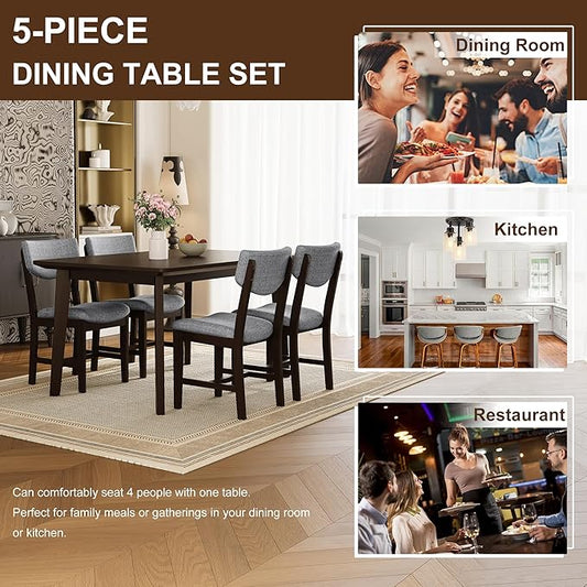 5-Piece Wooden Dining Set Mid-Century Modern Dinner Table and 4 Upholstered Chairs Rectangular Table with Chairs Set Rubberwood Legs Linen Padded Seat & Backrest for Dining Room Kitchen Apartment