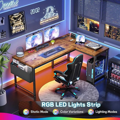 L Shaped Desk with 0.95 Inch Thicker Desktop & Storage Bag, Computer Desk with Power Outlets & Lights, Reversible Gaming Desk for Home Office, Corner Desk, Study Room, Living, Bedroom, Brown