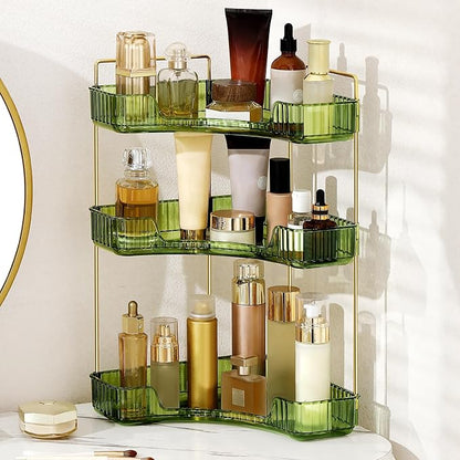 YCIA&DONE Corner Bathroom Counter Organizer, Makeup Organizer for Vanity, Skincare Cosmetic Perfume Tray, Corner Countertop Shelf Rack Storage for Bathroom Kitchen 3 Tiers (Vintage Green)
