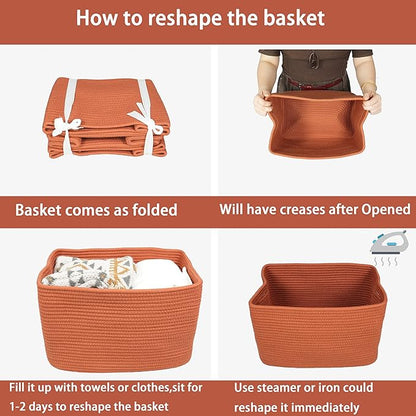Cotton Rope storage Basket Bins Woven Basket for Organizing Shelves 15X10X9.3" Rectangle Decorative Baskets For storage Clothes Toys Books Towels Nursery basket organizer 3 pack Rust