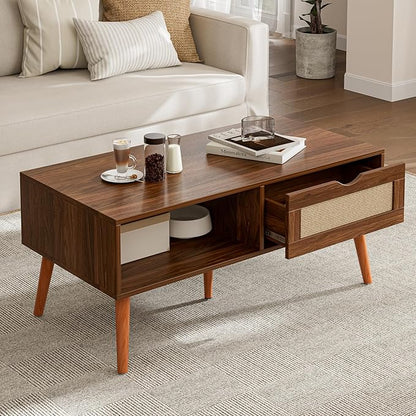 ZttRiee Coffee Table with Storage, Boho Dining Table with Rattan Drawer and Solid Wood Legs, Small Coffee Tables for Living Room, Walnut