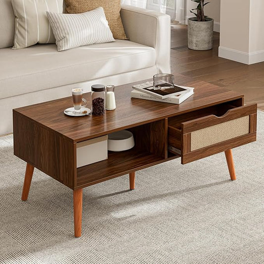 ZttRiee Coffee Table with Storage, Boho Dining Table with Rattan Drawer and Solid Wood Legs, Small Coffee Tables for Living Room, Walnut