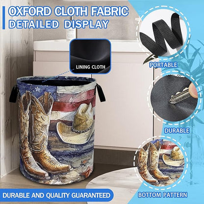 Cowboy Hat Boots Laundry Basket American Flag Oxford Cloth Laundry Hamper With Handle Foldable Portable Clothes Storage Basket 18.9 X 16.5 In Storage Bag For Laundry Room/Bathroom/Bedroom/Dormitories