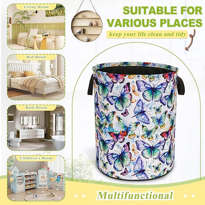 Colorful Butterfly Laundry Basket Funny Foldable Waterproof Oxford Cloth Tote Bag Laundry Hamper Round Large Clothes Storage Bucket Toy Organizer For Bathroom/Laundry Storage/Bedroom 18.9x16.5 Inch