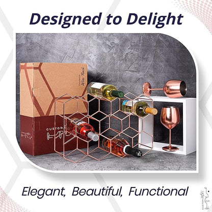 Gusto Nostro Countertop Wine Rack - 14 Bottle Freestanding Modern Metal Wine Rack - 3 Tier Tabletop Wine Holder Stand for Cabinet, Pantry Wine Bottle Storage - No Assembly Required (Small, Rose Gold)