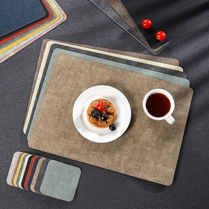 Myir JUN Placemats Dual Sided, Faux Leather Place Mats Set of 4 Indoor Placemats for Dining Table Outdoor Placemats Square Non-Slip Washable Table Mats (Black, Set of 4)