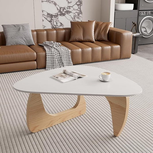 Modern Wood Coffee Table, Triangle Center Table with Premium Wooden Top& Unique Base, 35.5” Small Mid Century Tea Tables for Living Room, Apartment, Office,White&Light Natural Wood