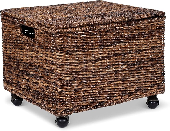 BIRDROCK HOME Rolling File Cabinet with Lid | Small Wooden Under Desk Organizer | Seagrass Basket with Wheels | Portable Home Office Filing System - Mini Decorative Box, Single Drawer, Brown Wash