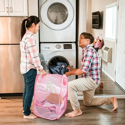 Collapsible Pop Up Laundry Hamper, Extra Large with Removable Initial Letter A, Mesh Foldable Laundry Basket, 28" x 16" x 16" (Pink)