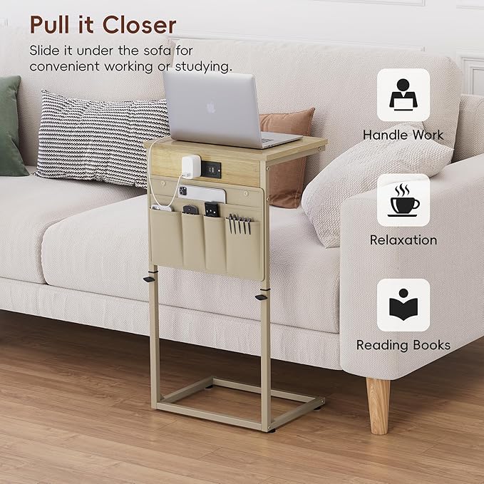 Vagusicc C Shaped End Table with Charging Station, 33" Tall Side Table for Couch, Sofa Table Adjustable Height Small Couch Side C Table, Slide Under Sofa Tray Table for Living Room, Bedroom, Natural