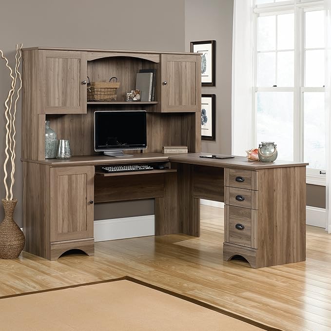 Sauder Harbor View Computer Desk, 66.14"D x 66.14"W x 30.28"H , Salt Oak finish