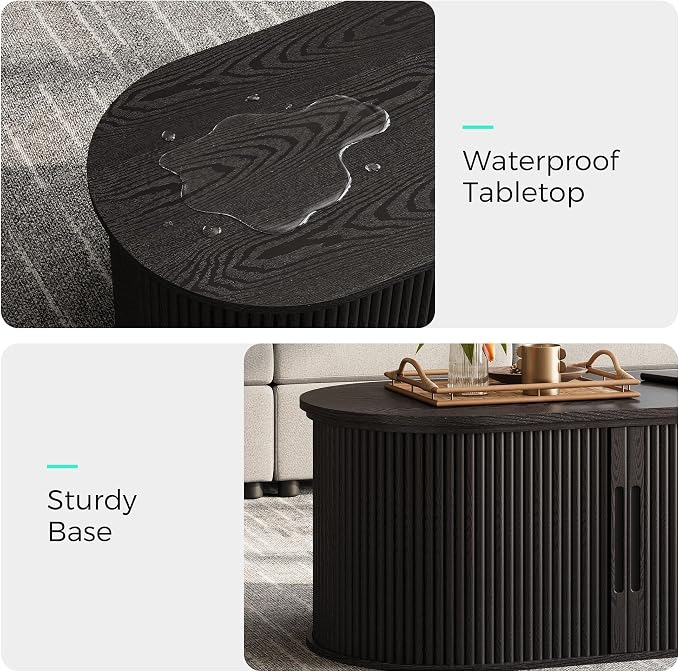 LINSY Lift Top Coffee Table, Oval Fluted Coffee Table with Storage, Mid Century Modern Wooden Coffee Tables with Sliding Tambour Door, 39" Center Table for Living Room, Office, Small Space, Black