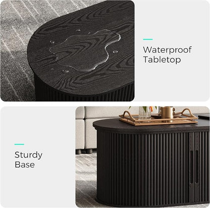LINSY Lift Top Coffee Table, Oval Fluted Coffee Table with Storage, Mid Century Modern Wooden Coffee Tables with Sliding Tambour Door, 39" Center Table for Living Room, Office, Small Space, Black
