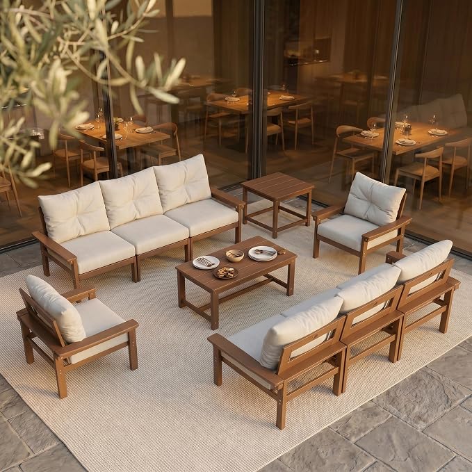 HDPE Outdoor Patio Furniture Set, 6-Piece Patio Conversation Sets with Coffee Table & Side Table & Beige Washable Thick Cushions, Outdoor Sofa for Balcony, Porch, Poolside (Teak Frame)