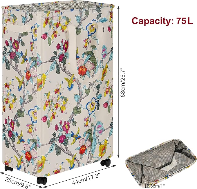 efluky Slim Laundry Hamper with Wheels, Rolling Laundry Basket for Clothes, Small Laundry Basket for Bedroom, Dorm and Laundry Room, 75L (19.8 Gallons) Floral