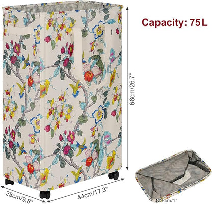 efluky Slim Laundry Hamper with Wheels, Rolling Laundry Basket for Clothes, Small Laundry Basket for Bedroom, Dorm and Laundry Room, 75L (19.8 Gallons) Floral