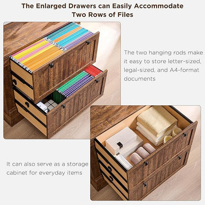 OKD Farmhouse File Cabinet with 2 Drawers, 35.3" Lateral Filing Cabinet with Hanging File Folders, Interlocking Drawers, Wood Rustic Storage Cabinet for Home Office, Living Room, Reclaimed Barnwood