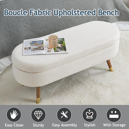 IAFIKE Oval Storage Bench 43.5" Ottoman Bench Upholstered Boucle Fabric Footrest Bench with Golden Metal Legs End of Bed for Bedroom, Living Room, Entryway,Bed Side (Ivory)
