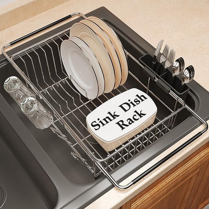 Over the Sink Expandable Dish Drainer Drying Rack In Stainless Steel for Small Kitchen, Counter Space Saving Modern Compact Metal Above Plate Dryer Strainer, Adjustable Hanging Inside Drain Holder