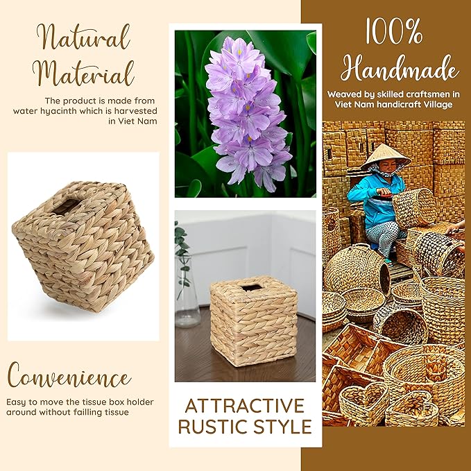 KOLWOVEN Tissue Box Holder - Square- Rattan Wicker Tissues Cube Box Cover -Boho Decorative Woven Facial Tissue Holder on Table and Barthroom (Square)