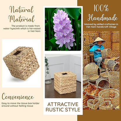 KOLWOVEN Square Tissue Box Cover- 5.7" x 5.7" x 5"- Decorative Woven Facial Tissue Holder with Hinged Top Lid- Facial Box for Home, Office,Bathrooms, Decoration (Square- Set 2)