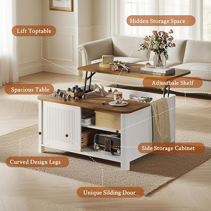 Lift Top Coffee Table with Storage, 31.5" Mid Century Modern Square Coffee Tables for Living Room, Large Hidden Storage Compartment, Adjustable Shelves & Sliding Door, White