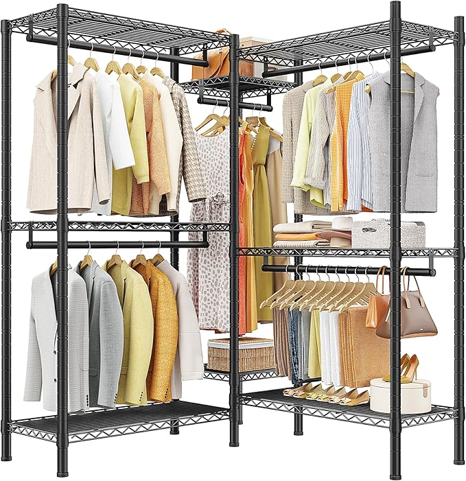 Raybee L Shaped Clothes Rack for Corner, Clothing Racks for Hanging Clothes, 900LBS Heavy Duty Clothes Rack Garment Rack 74.5" W X 18" D X 77" H, Black