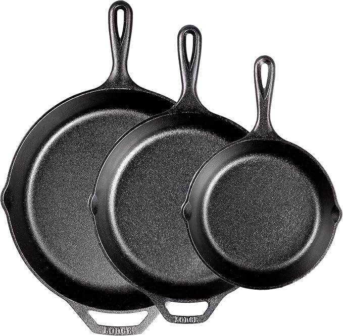 Lodge Seasoned Cast Iron Skillet Set - PFAS-Free, Non-Toxic Cookware - Use with an Oven, Stove, Grill, or Campfire - Naturally Non-Stick & Oven Safe - 8, 10.25 & 12 Inches
